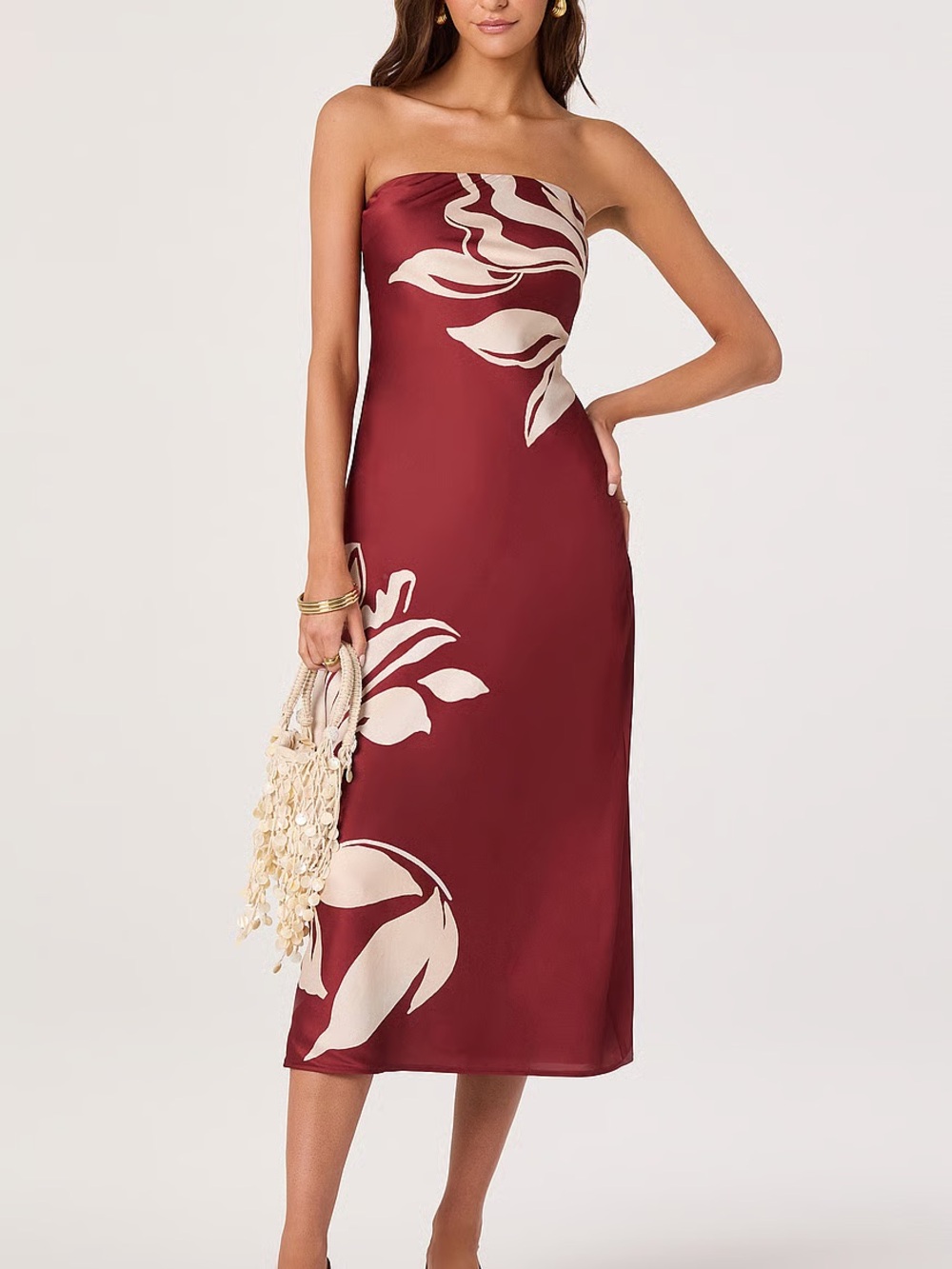 Strapless Maxi Dress in Burgundy with Cream Floral Motif NWT size Small